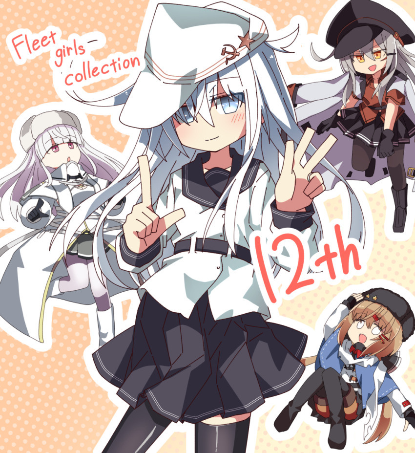 4girls anniversary arm_up black_gloves black_hat black_skirt blue_eyes blunt_bangs boots brown_hair closed_mouth coat coat_on_shoulders commentary_request eyutel facial_scar flat_cap fur_hat gangut_(kancolle) gloves grey_hair hair_ornament hair_ribbon hairclip hammer_and_sickle hat hibiki_(kancolle) highres jacket kantai_collection kirov_(kancolle) l_hand long_hair miniskirt multiple_girls open_mouth orange_eyes outline pantyhose papakha pink_hair pleated_skirt ribbon scar scar_on_cheek scar_on_face scarf simple_background skirt star_(symbol) tashkent_(kancolle) thighhighs torn_clothes torn_scarf twintails verniy_(kancolle) w white_hair white_hat white_jacket white_outline white_ribbon white_scarf