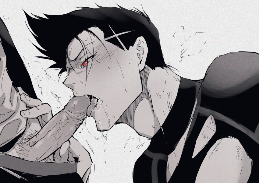 2boys barou_shouei blue_lock chuma_a_a clothes_pull erection fellatio greyscale highres licking licking_penis male_focus male_pubic_hair monochrome multiple_boys nagi_seishirou oral pants pants_pull penis pubic_hair red_eyes saliva short_hair simple_background spot_color tongue tongue_out veins veiny_penis yaoi
