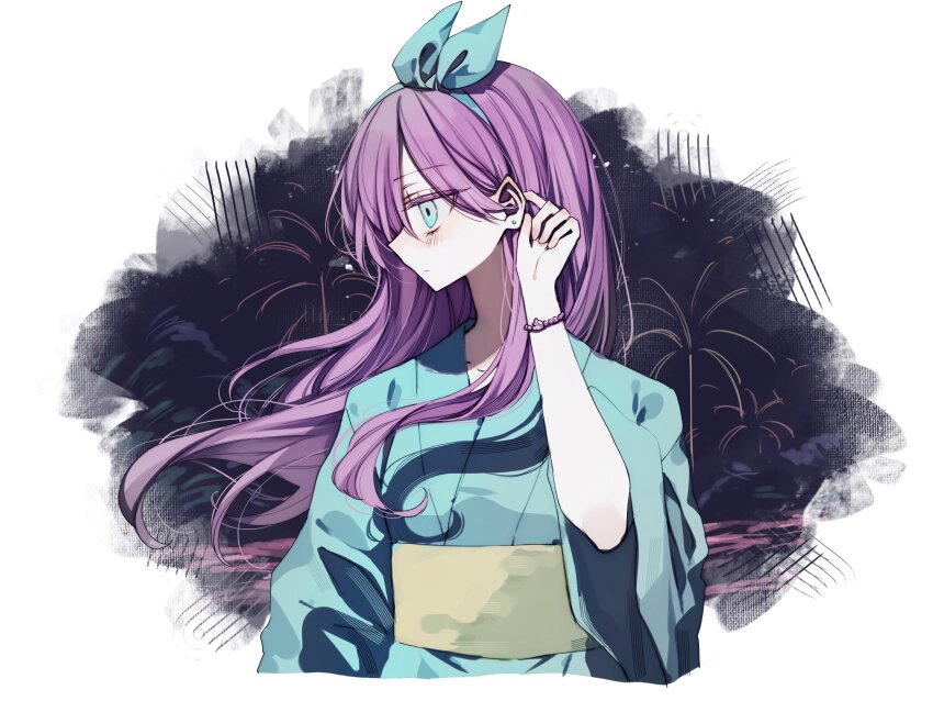 1girl alternate_costume aubrey_(faraway)_(omori) aubrey_(omori) blue_eyes blue_hairband blue_kimono blush bracelet closed_mouth collarbone ear_piercing fireworks hairband hanabata0320 highres japanese_clothes jewelry kimono long_hair long_sleeves omori piercing pink_hair solo upper_body