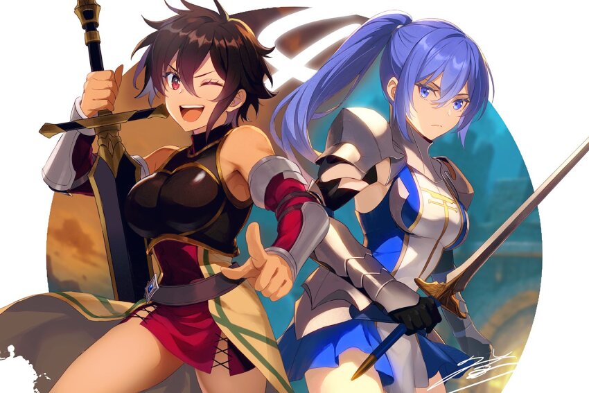 2girls armor blue_eyes blue_hair brown_hair dark-skinned_female dark_skin greatsword holding holding_sword holding_weapon krista_(hojomajo) marbell_(hojomajo) mikata_ga_yowasugite_hojo_mahou_ni_tesshiteita_kyuutei_mahoushi_tsuihou_sarete_saikyou_wo_mezashimasu multiple_girls one_eye_closed ponytail red_eyes short_hair skirt sword third-party_source weapon yuunagi_(seventh_heaven)