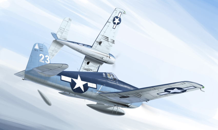 aircraft airplane commentary_request drop_tank external_fuel_tank f6f_hellcat flying helmet highres military military_vehicle mo_yu_de_jiaozi motion_blur motion_lines original partial_commentary pilot_helmet propeller_fighter speed_lines triangle united_states_navy world_war_ii