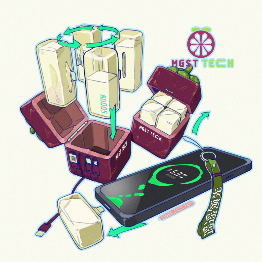 arrow_(symbol) battery battery_indicator blue_outline box cellphone chinese_text chromatic_aberration english_text food_focus highres iwse_zhang liquid mangosteen mixed-language_text no_humans original outline phone simple_background smartphone still_life translation_request usb_cable white_background