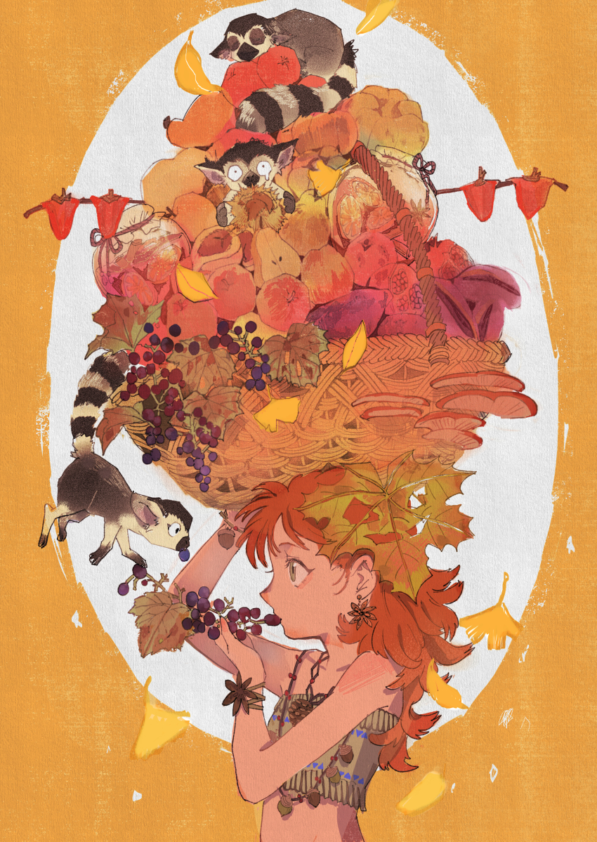 1girl absurdres animal apple arm_up autumn_leaves balancing bare_shoulders basket brown_eyes brown_hair buchi_(qooo003) collarbone commentary_request crop_top earrings eating female_focus fig food fruit ginkgo_leaf ginkgo_tree grapes hair_between_eyes highres holding holding_food huge_filesize jar jewelry leaf lemon lemon_slice lemur long_hair looking_at_viewer mushroom on_head orange_background original pear profile pumpkin solo striped_tail sweet_potato tail teardrop two-tone_background upper_body white_background