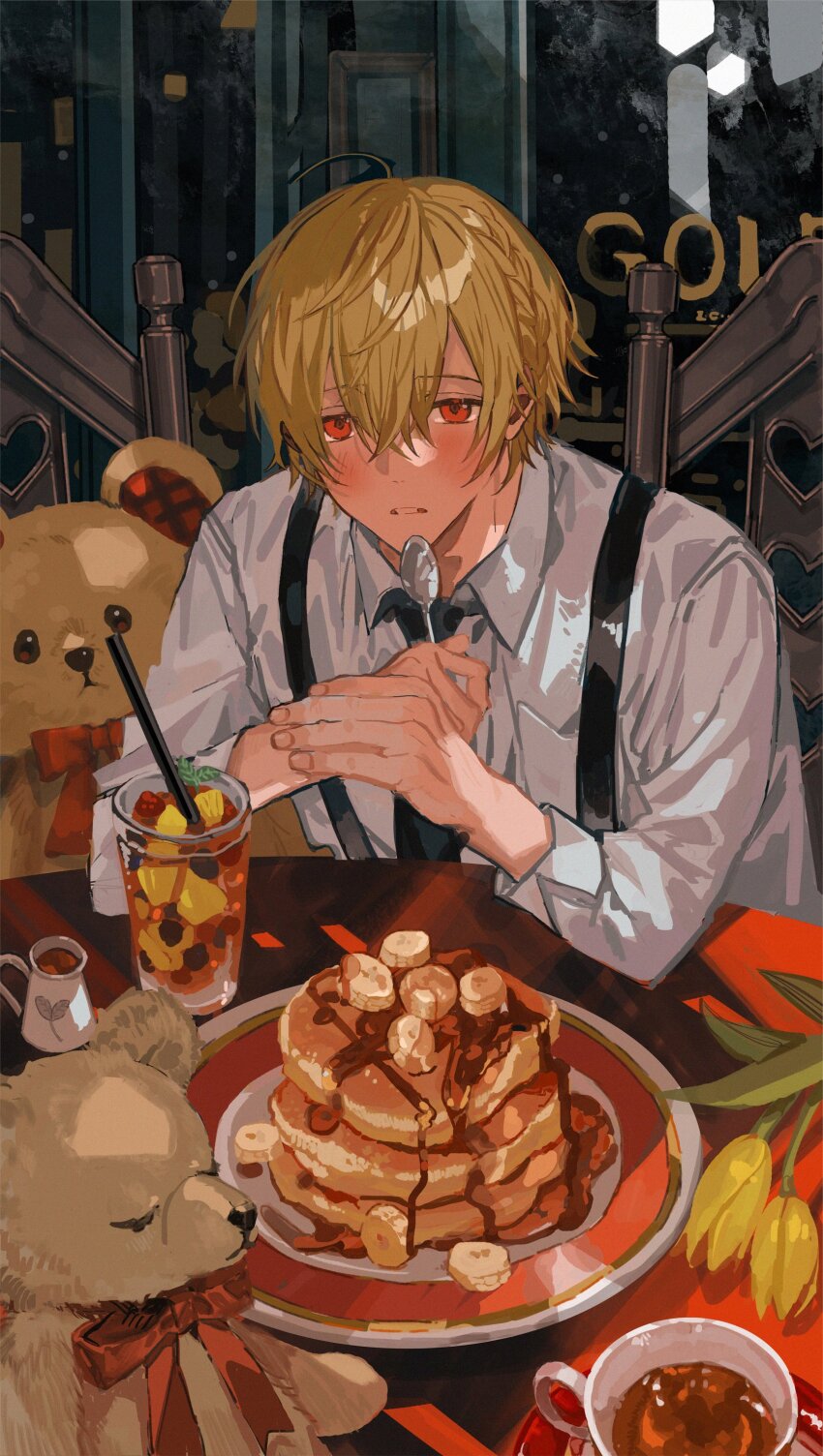 1boy absurdres ahoge arms_on_table black_necktie blonde_hair blush braid butler butler_(nana_tetra) chair cocktail_glass collared_shirt commentary cup dark-skinned_male dark_skin drinking_glass fingernails flower flower_request food garter_straps hair_between_eyes half-closed_eyes highres holding holding_spoon looking_at_viewer male_focus nana_tetra necktie on_chair original own_hands_together pancake pancake_stack parted_lips plate red_eyes shirt short_hair sitting solo spoon stuffed_animal stuffed_toy table teddy_bear upper_body white_shirt window yellow_flower