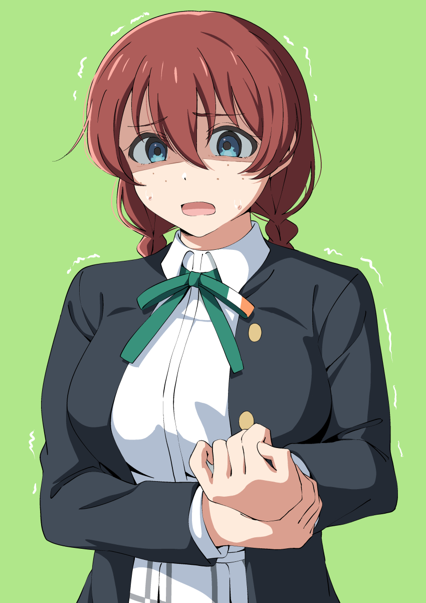 1girl absurdres black_jacket blue_eyes braid breasts brown_hair collared_shirt commentary dress_shirt emma_verde freckles green_ribbon hand_on_own_wrist hangyaku_no_nijigasaki highres jacket large_breasts long_hair long_sleeves love_live! love_live!_nijigasaki_high_school_idol_club low_twin_braids neck_ribbon nijigasaki_school_uniform open_clothes open_jacket open_mouth plaid_clothes plaid_skirt pleated_skirt ribbon school_uniform shirt skirt solo sweat trembling twin_braids uchuu_no_mozuku upper_body white_shirt white_skirt winter_uniform