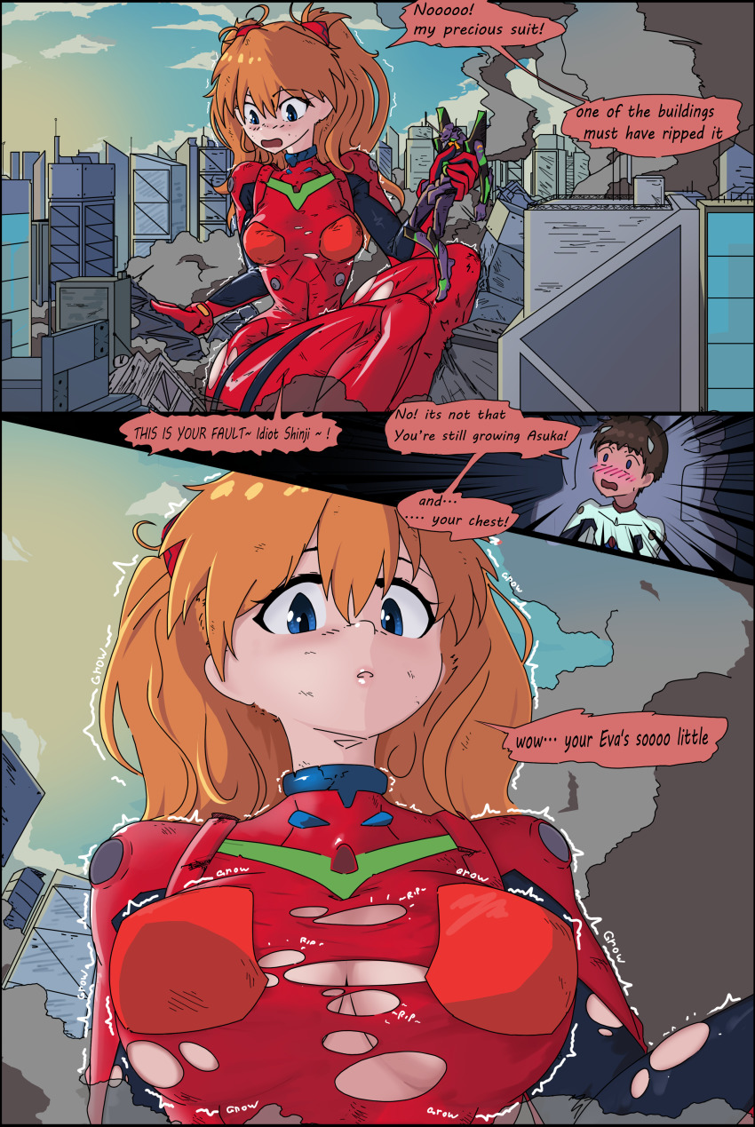 1boy 1girl absurdres blue_eyes blush bodysuit breast_expansion breasts brown_hair bruise bruise_on_face building city comic destruction english_text eva_01 giant giantess growth hair_ornament highres ikari_shinji injury large_breasts leg_lift leg_up long_hair mecha mecha_pilot_suit medium_breasts neon_genesis_evangelion plugsuit_(evangelion) pov red_bodysuit reveal robot rubble sitting size_difference skin_tight smoke souryuu_asuka_langley speech_bubble torn_bodysuit torn_clothes twintails undersized_clothes