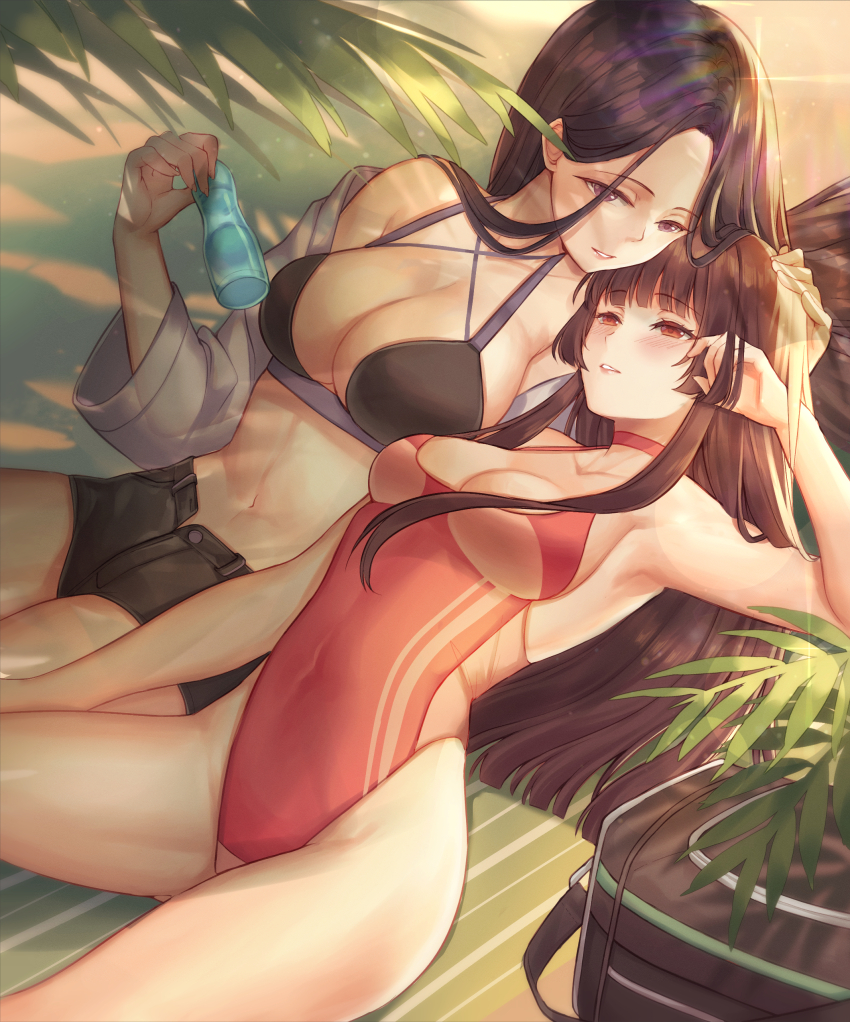 2girls absurdres armpits bag beach bikini black_bikini black_hair black_shorts blonde_hair blunt_bangs blush bottle breasts center_opening choker covered_navel hand_on_another&#039;s_head highleg highleg_one-piece_swimsuit highres holding holding_bottle large_breasts long_hair lying medium_breasts multi-strapped_bikini_top multiple_girls navel off_shoulder on_back one-piece_swimsuit open_clothes open_shirt open_shorts original parted_bangs parted_lips purple_eyes ramune red_choker red_eyes red_one-piece_swimsuit ruri_(rurisuisen) scoop_neck see-through_clothes shirt short_shorts shorts stomach swimsuit two-tone_swimsuit very_long_hair white_shirt yuri