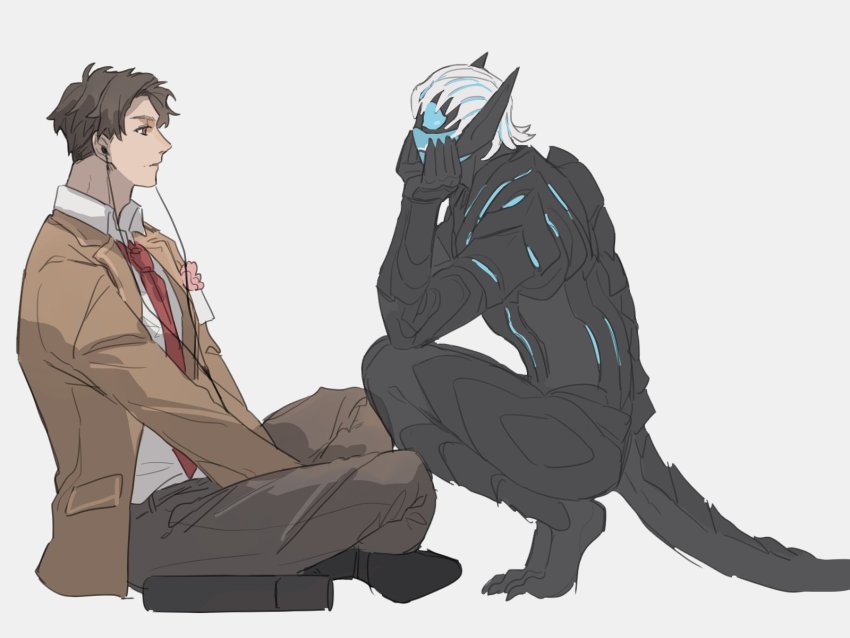 2boys aged_down bad_id bad_twitter_id bbbb_fex blue_eyes brown_pants crossed_legs demon demon_tail hair_slicked_back headphones highres igarashi_ikki kamen_rider kamen_rider_revice long_fingers mask mouth_mask multiple_boys necktie pants pink_eyes red_necktie school_uniform shirt short_hair squatting tail thighs vice_(kamen_rider_revice) white_background white_hair white_shirt