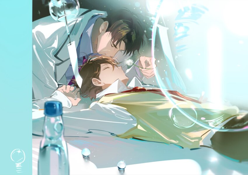 2boys arm_up black_pants bottle bubble closed_eyes collared_shirt commentary_request fandangyu flower haikyuu!! highres holding holding_flower jacket kiss kissing_forehead lapels lying male_focus multiple_boys necktie notched_lapels oikawa_tooru_(haikyuu!!) on_back pants parted_bangs ramune red_necktie school_uniform shirt soap_bubbles sweater_vest ushijima_wakatoshi white_flower white_jacket white_shirt wind_chime wing_collar yaoi yellow_sweater_vest