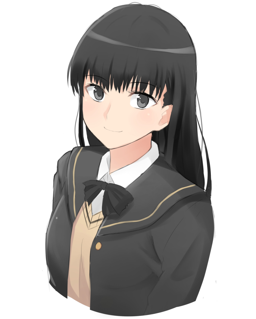 1girl amagami ayatsuji_tsukasa bad_id bad_pixiv_id black_bow black_hair black_jacket blazer blunt_bangs bow bowtie cropped_arms cropped_torso female_focus grey_eyes grey_sweater highres jacket long_hair looking_at_viewer open_clothes open_jacket shirt simple_background smile solo sweater ucukrtz upper_body white_background white_shirt