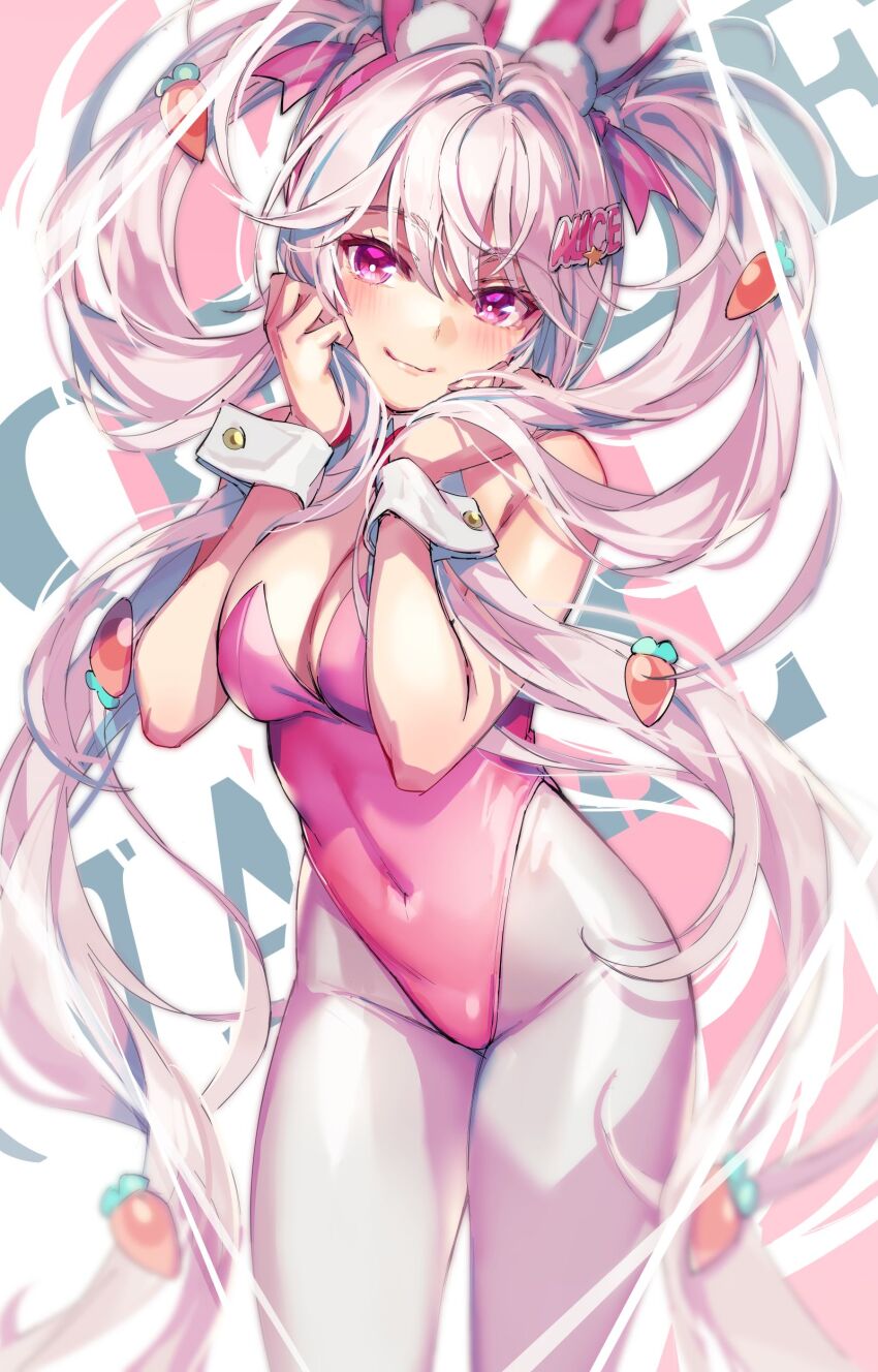 1girl absurdres alice_(nikke) alice_(wonderland_bunny)_(nikke) animal_ears bare_shoulders blush breasts carrot_hair_ornament character_name cleavage closed_mouth commentary_request covered_navel fake_animal_ears food-themed_hair_ornament goddess_of_victory:_nikke hair_ornament highres leotard long_hair looking_at_viewer medium_breasts michairu official_alternate_costume pantyhose pink_eyes pink_leotard playboy_bunny rabbit_ears smile solo very_long_hair white_hair white_pantyhose