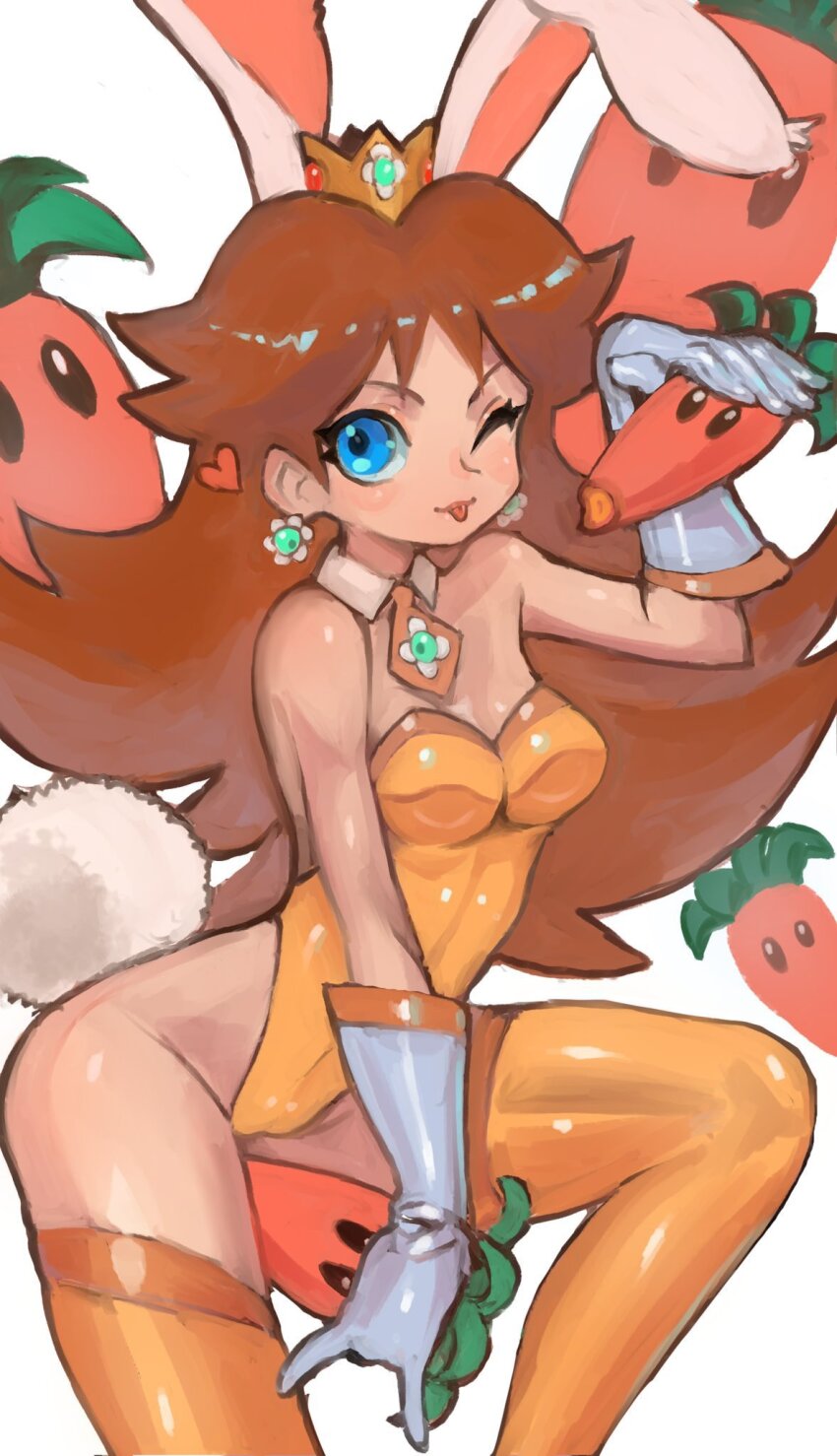 1girl animal_ears arched_back bare_shoulders blue_eyes blush breasts brown_hair cameltoe carrot carrot_(mario) crown dakusuta detached_collar earrings fake_animal_ears flower_earrings gloves heart highleg highleg_leotard highres jewelry leotard long_hair looking_at_viewer mario_(series) medium_breasts necktie nintendo one_eye_closed orange_leotard orange_necktie orange_thighhighs playboy_bunny princess princess_daisy rabbit_ears rabbit_tail smile solo strapless strapless_leotard super_mario_land super_mario_land_2 tail thighhighs tongue tongue_out white_background white_gloves