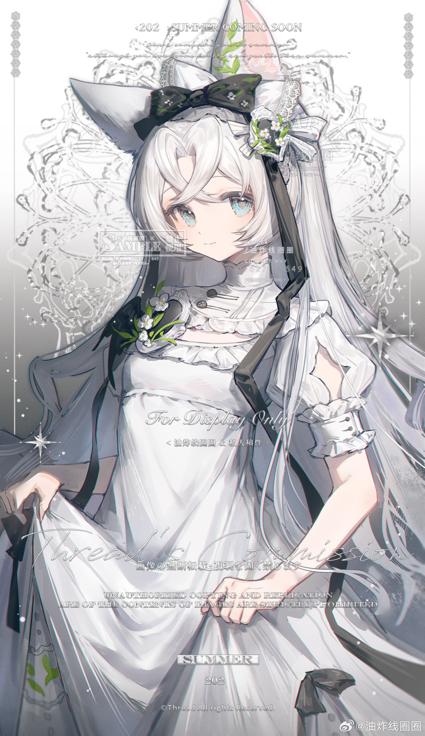 1girl absurdres animal_ear_fluff animal_ears black_bow blue_eyes bow breasts closed_mouth dress english_text hair_bow highres long_hair looking_at_viewer original puffy_sleeves short_sleeves skirt_hold small_breasts smile solo very_long_hair white_dress white_hair youzha_xian_quanquan