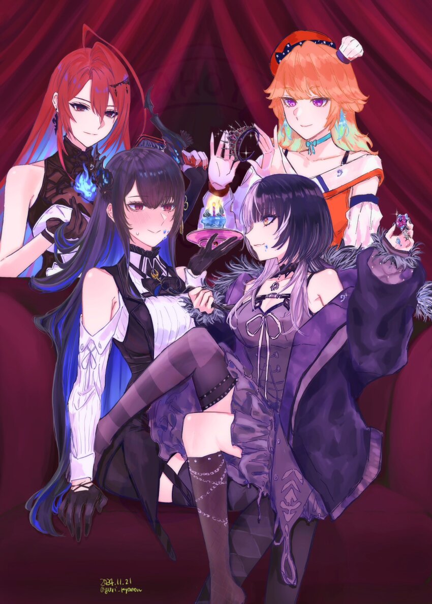 4girls ahoge arm_support asymmetrical_horns asymmetrical_legwear beret black_choker black_dress black_gloves black_hair black_horns black_jacket black_nails black_socks black_thighhighs blue_fire blue_hair blush breasts brushing_another&#039;s_hair brushing_hair candle chef_hat chest_belt choker closed_mouth clothing_cutout collared_shirt colored_inner_hair commentary cupcake dated demon_horns detached_sleeves dress earrings elizabeth_rose_bloodflame elizabeth_rose_bloodflame_(1st_costume) english_commentary feather_earrings feathers feet_out_of_frame fingernails fire food food_on_face fruit fur-trimmed_jacket fur_trim gloves gradient_hair green_hair grey_hair hair_between_eyes hair_brush hat highres holding holding_food holding_fruit holding_hair_brush hololive hololive_english horns huge_ahoge jacket jewelry large_breasts long_fingernails long_hair long_sleeves looking_at_another mini_chef_hat mismatched_legwear multicolored_hair multiple_girls multiple_hats nail_polish nerissa_ravencroft no_shoes off_shoulder open_clothes open_jacket orange_eyes orange_hair orange_hat orange_vest purple_eyes red_eyes red_hair shiori_novella shiori_novella_(1st_costume) shirt shoulder_cutout single_sock single_thighhigh sitting smile socks split-color_hair standing strawberry striped_clothes striped_thighhighs takanashi_kiara takanashi_kiara_(1st_costume) thighhighs tiara twitter_username two-tone_hair uneven_horns uneven_legwear very_long_hair vest virtual_youtuber white_dress white_shirt yellow_eyes yuri_kyanon