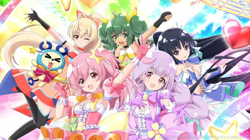 5girls andou_tazusa assault_lily black_hair black_thighhighs blonde_hair braid breasts cleavage dress frilled_dress frills game_cg green_eyes green_hair hair_ornament hitotsuyanagi_riri hitotsuyanagi_yuri long_hair magical_girl multiple_girls official_art open_mouth pink_hair purple_hair red_eyes shirai_yuyu smile thighhighs twin_braids twintails yoshimura_thi_mai