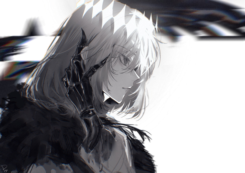 1boy absurdres arthropod_boy arthropod_limbs crown diamond_hairband fate/grand_order fate_(series) fur_trim greyscale highres male_focus medium_hair monochrome oberon_(fate) oberon_(third_ascension)_(fate) portrait pppeipeipipi solo upper_body white_background