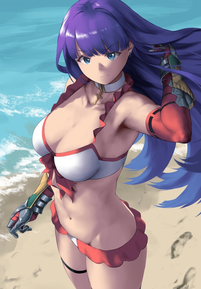 1girl bare_shoulders beach bikini blue_eyes breasts choker cleavage collarbone cross cross_choker den_(kur0_yuki) elbow_gloves fate/grand_order fate_(series) gauntlets gloves highres large_breasts long_hair looking_at_viewer martha_(fate) martha_(swimsuit_ruler)_(fate) martha_(swimsuit_ruler)_(third_ascension)_(fate) navel purple_hair red_gloves shore solo swimsuit thigh_strap thighs white_bikini
