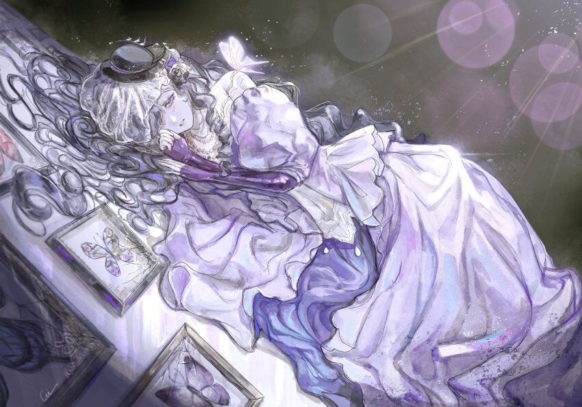 1girl blurry bokeh bug butterfly crying crying_with_eyes_open depth_of_field dress dutch_angle elbow_gloves feet_out_of_frame fingerless_gloves fog gloves hat highres insect layered_dress light_particles long_hair looking_at_viewer mei_mezu on_floor original parted_lips portrait_(object) purple_gloves rain solo tears very_long_hair white_dress white_hair