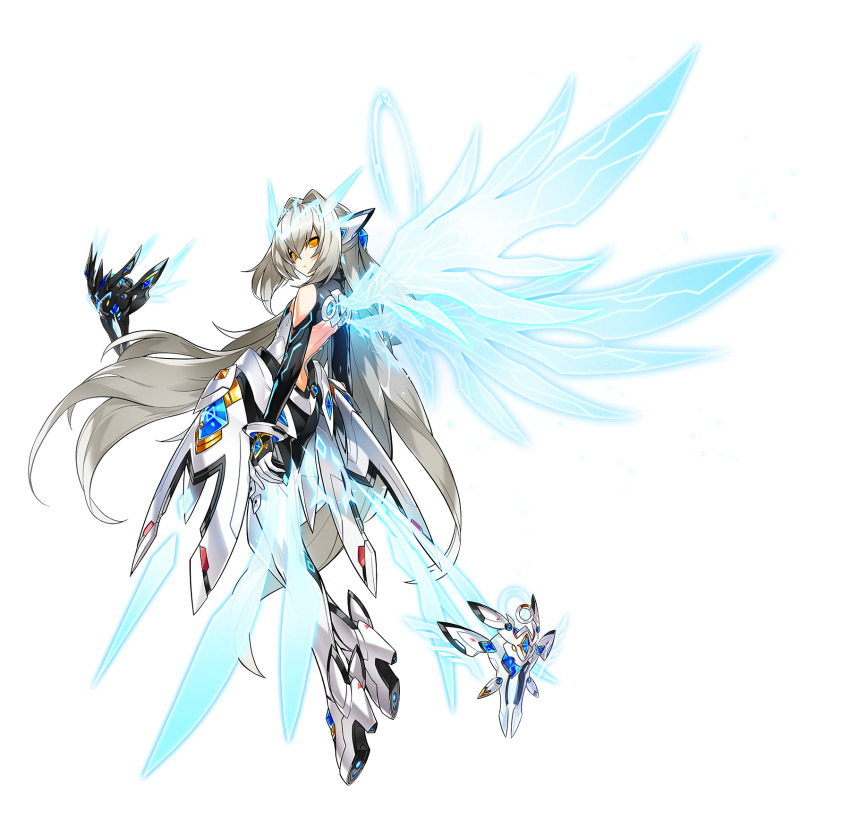 1girl artist_request blue_wings boots code:_sariel_(elsword) elbow_gloves elsword eve_(elsword) expressionless full_body game_cg gloves hair_intakes highres hwansang long_hair looking_at_viewer moby_(elsword) non-web_source official_art remy_(elsword) robot second-party_source solo transparent_background white_boots white_hair wings yellow_eyes