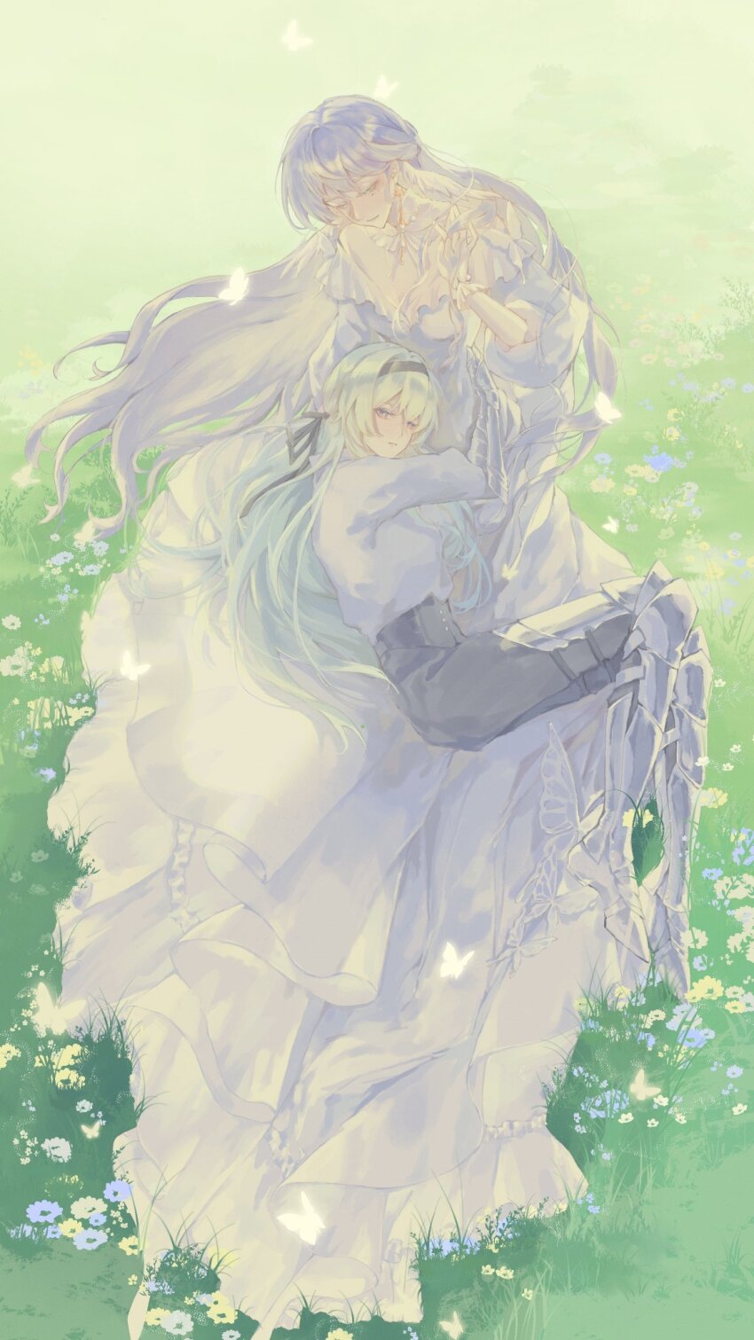 2girls alternate_costume aqua_eyes bare_shoulders black_hairband black_pants black_ribbon blue_flower bug butterfly butterfly_ornament buttons closed_mouth cuisses dress earrings feathered_wings firefly_(honkai:_star_rail) floating_hair flower gauntlets gem gloves gold_earrings grass grey_armor grey_hair hair_between_eyes hair_ribbon hairband half-closed_eyes hand_up head_wings high-waist_pants highres honkai:_star_rail honkai_(series) insect jewel_under_eye jewelry long_hair long_sleeves looking_at_another looking_down multiple_girls off-shoulder_dress off_shoulder outdoors pants pearl_(gemstone) puffy_long_sleeves puffy_sleeves purple_eyes purple_hair ribbon robin_(honkai:_star_rail) shirt sitting smile wavy_hair white_butterfly white_dress white_flower white_gloves white_shirt wings xiunuyuyu114514 yellow_butterfly yellow_flower yuri