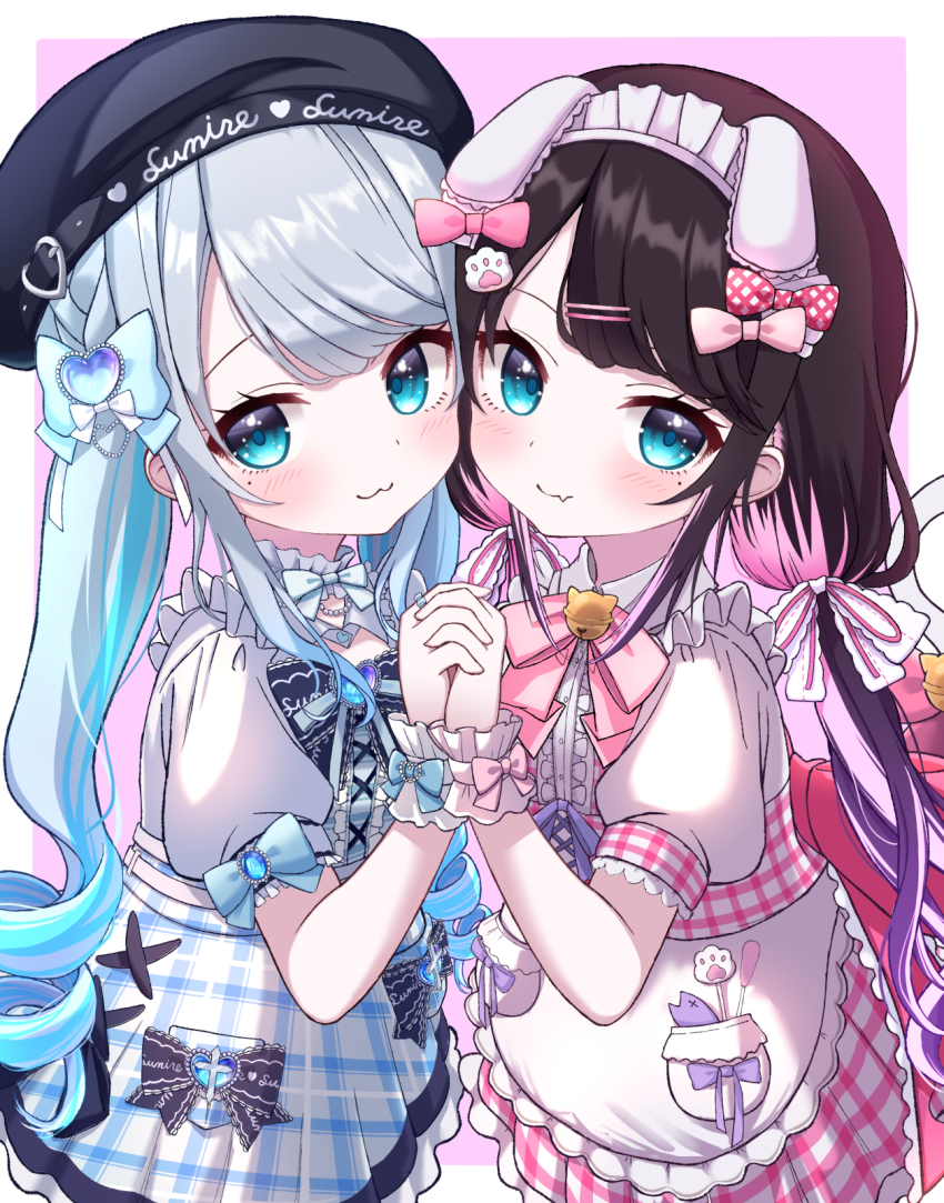 2girls animal_ear_hairband animal_ears apron bell beret black_hair black_hat blue_bow blue_bowtie blue_eyes blue_hair blush border bow bowtie clothing_request collar colored_inner_hair commentary_request dress fake_animal_ears fang frilled_apron frilled_collar frilled_wrist_cuffs frills grey_hair hair_bow hair_ribbon hairband hat highres holding_hands interlocked_fingers jewelry jingle_bell kaga_nazuna kaga_sumire kaga_sumire_(7th_costume) kazumiya_yayoi long_hair looking_at_viewer multicolored_hair multiple_girls neck_bell paw_hair_ornament pink_background pink_bow pink_bowtie pink_hair plaid_bow plaid_clothes plaid_dress plaid_skirt puffy_short_sleeves puffy_sleeves rabbit_ear_hairband rabbit_ears ribbon shirt short_sleeves skin_fang skirt streaked_hair upper_body virtual_youtuber vspo! waist_apron white_border white_shirt wrist_bow wrist_cuffs