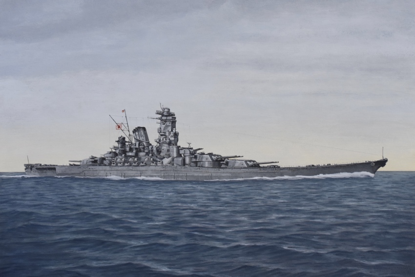 absurdres acrylic_paint_(medium) anti-aircraft anti-aircraft_gun atelier_bono battleship flag highres imperial_japanese_army military_vehicle no_humans ocean original painting_(medium) ship ship_turret sky smokestack traditional_media vehicle_focus warship watercraft yamato_(battleship)