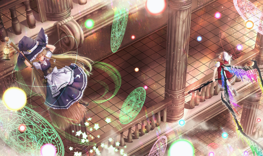 2girls apron battle black_hat black_skirt black_vest blonde_hair blush boots bow braid breasts broom brown_boots building commentary_request corset crystal_wings danmaku evil_smile flandre_scarlet flying frilled_apron frills hat hat_ribbon highres holding holding_broom indoors kirisame_marisa lantern long_hair magic magic_circle mini-hakkero mob_cap multicolored_wings multiple_girls puffy_short_sleeves puffy_sleeves red_eyes red_ribbon red_shoes red_skirt red_vest ribbon scarlet_devil_mansion shirt shoes short_sleeves side_braid side_ponytail skirt smile star_(symbol) teruteru12 tile_floor tiles touhou very_long_hair vest waist_apron white_apron white_bow white_hat white_ribbon white_shirt wings witch_hat yellow_eyes