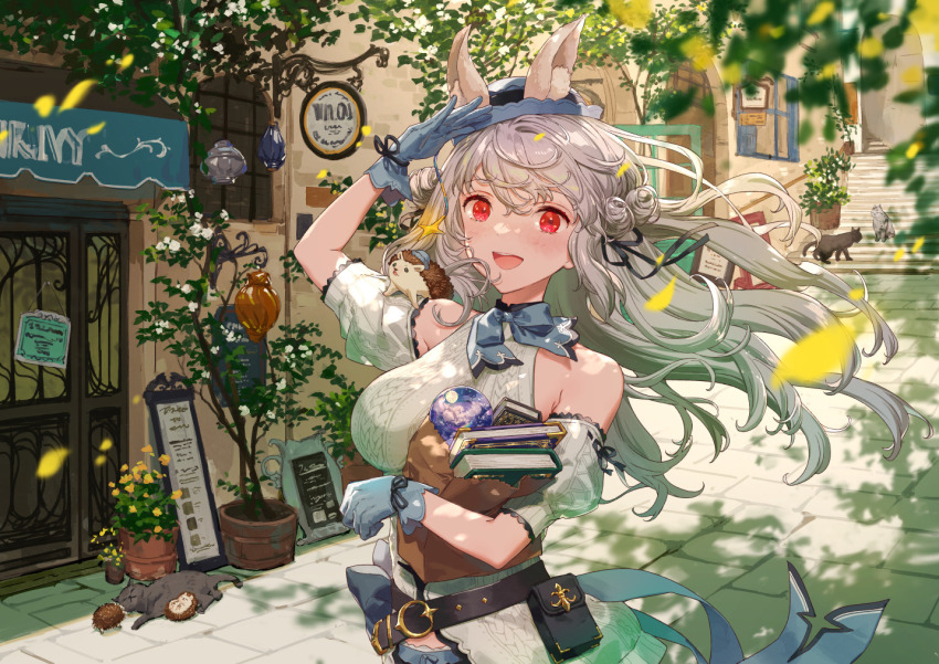 1girl :d bag bare_shoulders black_ribbon blue_gloves book detached_sleeves gloves grey_hair hair_ribbon hand_up looking_at_viewer open_mouth original outdoors paper_bag red_eyes ribbed_sweater ribbon sleeveless sleeveless_sweater smile solo sweater teeth upper_teeth_only white_sweater yutsumoe