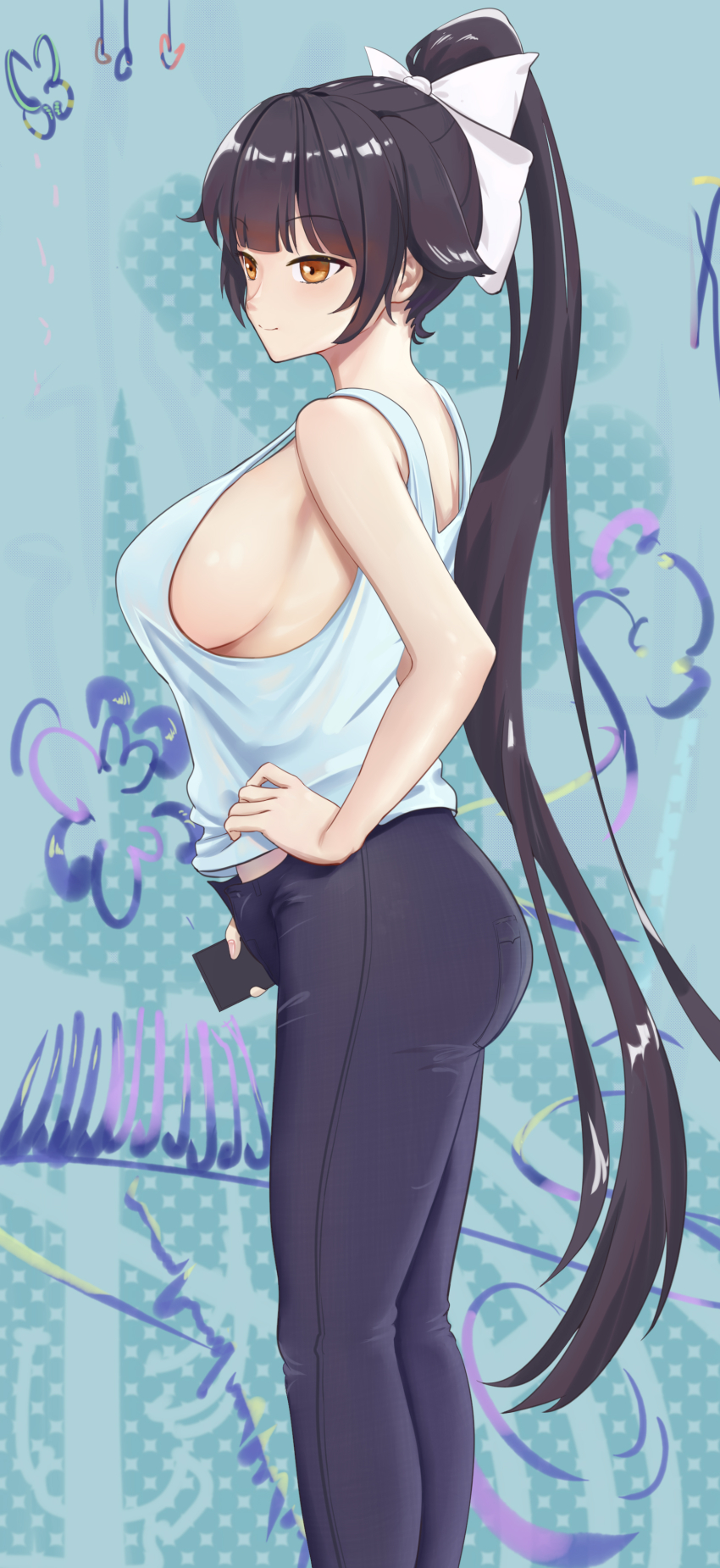 1girl absurdres alternate_costume ass azur_lane black_pants bow breasts brown_hair casual chinese_commentary commentary_request feet_out_of_frame from_side hair_bow hand_on_own_hip high_ponytail highres large_breasts long_hair orange_eyes pants ponytail ruan_dao shirt sideboob solo standing takao_(azur_lane) very_long_hair white_bow white_shirt