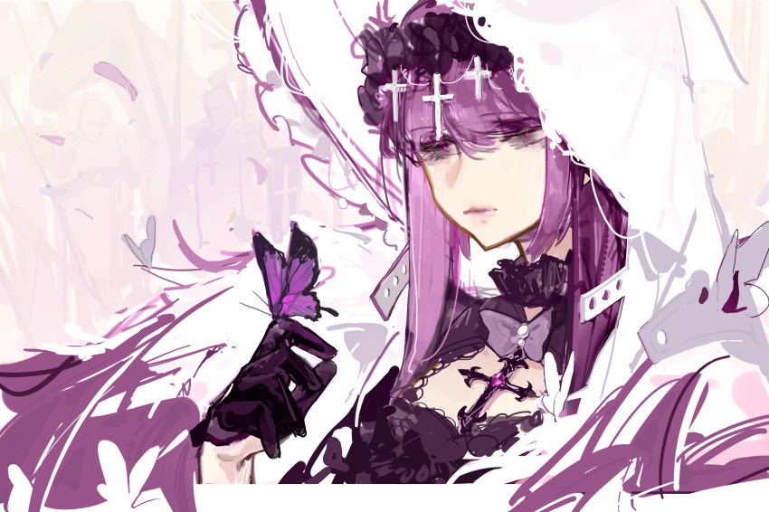 1girl bug butterfly cleavage_cutout clothing_cutout commentary cross english_commentary glaw gloves highres insect long_hair original purple_butterfly purple_hair white_butterfly