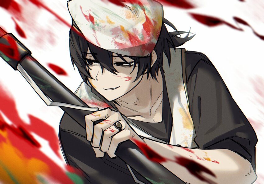 0back022_lim 1boy apron beret black_eyes black_hair black_shirt blood blood_on_clothes blood_on_face blood_on_hat hat highres jewelry limbus_company long_sleeves low_ponytail ponytail project_moon ring ring_(identity)_(project_moon) shirt simple_background solo upper_body white_apron white_background white_hat yi_sang_(project_moon)
