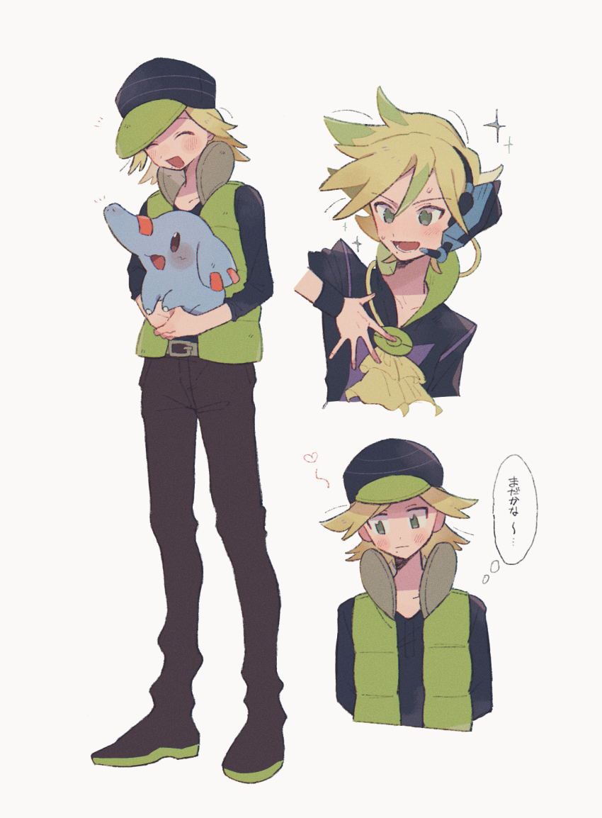 1girl :d black_footwear black_hat black_pants black_shirt blonde_hair commentary curtis_(pokemon) game_freak gen_2_pokemon green_vest hand_up hat highres hime_(himetya105) holding holding_pokemon multiple_views nintendo open_clothes open_mouth open_vest pants phanpy pokemon pokemon_(creature) pokemon_bw2 shirt shoes smile sparkle speech_bubble thought_bubble translation_request vest