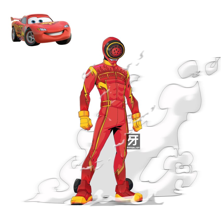 1boy bakuage_sentai_boonboomger bodysuit cars_(movie) dust fangelion full_body helmet highres lightning_mcqueen male_focus official_art_inset red_bodysuit red_helmet simple_background solo super_sentai tokusatsu wheel white_background