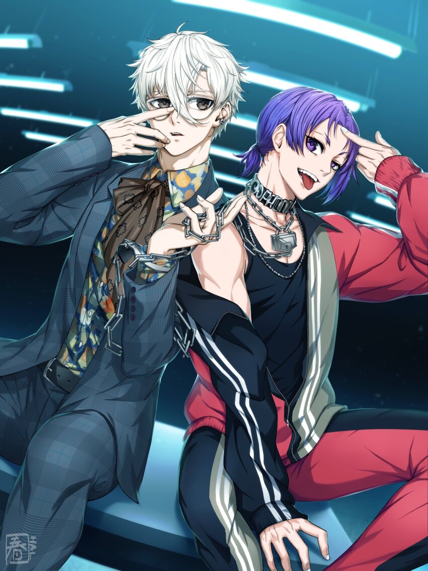 2boys adjusting_eyewear ascot belt belt_buckle black_belt black_shirt black_tank_top blue_lock brown_ascot brown_eyes buckle chain choker collared_shirt earrings formal_clothes glasses hair_between_eyes halu-ca highres holding holding_chain jacket jewelry low_ponytail male_focus mikage_reo multicolored_jacket multiple_boys nagi_seishirou open_mouth padlocked_choker pants parted_bangs parted_lips plaid_clothes plaid_jacket plaid_pants pointing pointing_at_self ponytail print_shirt purple_eyes purple_hair shirt short_hair short_ponytail signature sitting suit suit_jacket tank_top tongue tongue_out white_hair