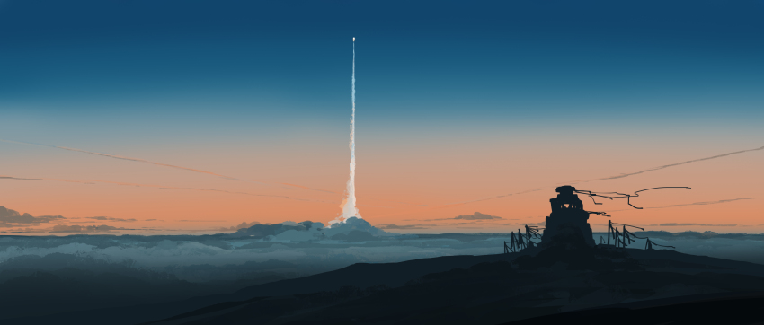 absurdres blue_sky cairn_(structure) cloud evening gracile gradient_sky highres launching mountain no_humans original red_sky rocket scenery sky stake
