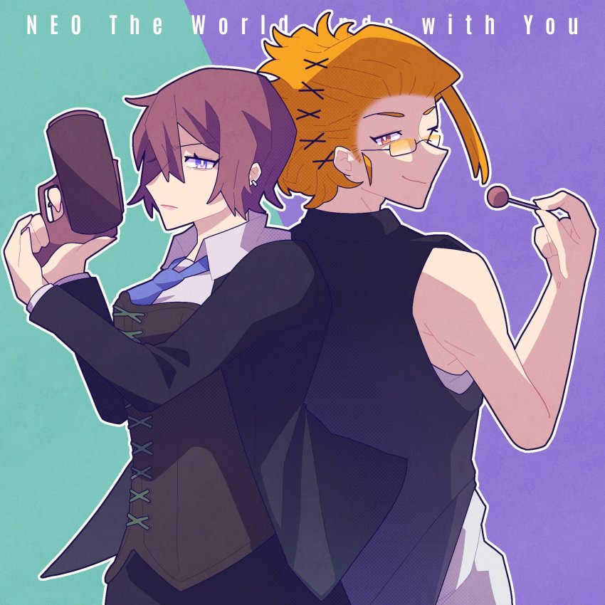 1boy 1girl black_suit black_vest blue_eyes blue_necktie candy collared_shirt corset ear_piercing food formal_clothes glasses gun handgun highres hiyo_qre holding holding_candy holding_food holding_gun holding_lollipop holding_weapon kariya_koki lollipop necktie orange_hair piercing pink_hair pistol rectangular_eyewear shin_subarashiki_kono_sekai shirt short_hair subarashiki_kono_sekai suit vest weapon white_shirt yashiro_uzuki