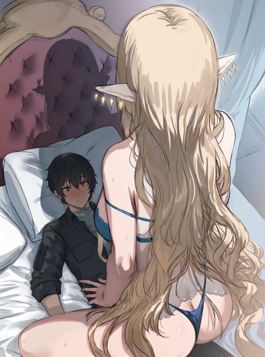 1boy 1girl artistic_error ass back bed bedroom black_hair black_jacket blonde_hair blue_bra blue_thong bra breasts butt_crack collared_jacket earrings facing_away fleurdelys_(wuthering_waves) floating_earrings from_behind girl_on_top headboard hetero hews highres indoors jacket jewelry large_breasts long_hair lying male_rover_(wuthering_waves) no_horns on_back on_bed panties pointy_ears rover_(wuthering_waves) silhouette sitting sitting_on_person straddling strap_slip underwear very_long_hair wuthering_waves