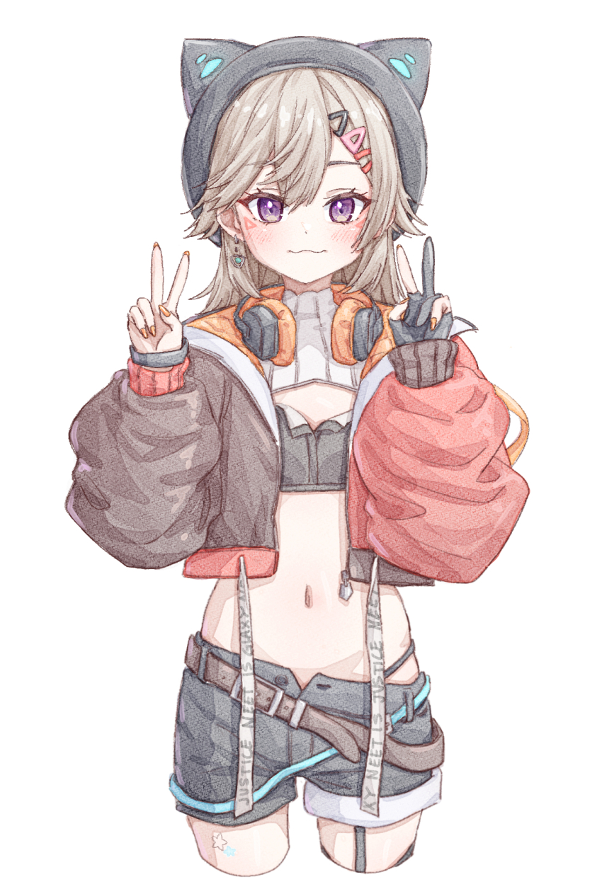 1girl animal_hat belt black_gloves black_hat black_shorts blonde_hair blush cat_hat closed_mouth crop_top cropped_jacket cropped_legs double_v facial_mark gloves hair_ornament hairclip hat headphones headphones_around_neck highres komori_met komori_met_(5th_costume) looking_at_viewer navel orange_nails partially_fingerless_gloves purple_eyes shorts solo unongkong v virtual_youtuber vspo! white_background