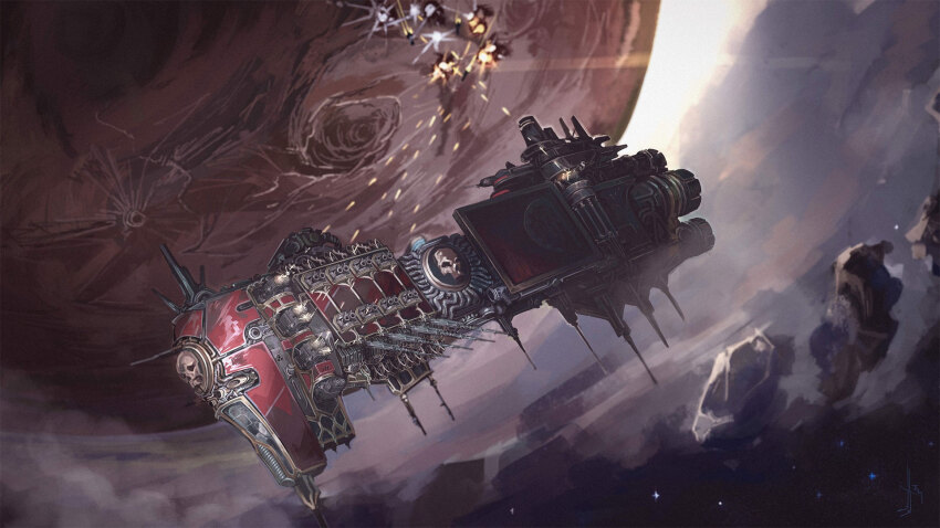 adeptus_mechanicus asteroid explosion firing flying heraldry highres imperium_of_man in_orbit nictanova no_humans radio_antenna science_fiction skull_ornament space spacecraft star_(sky) thrusters turret vehicle_focus warhammer_40k