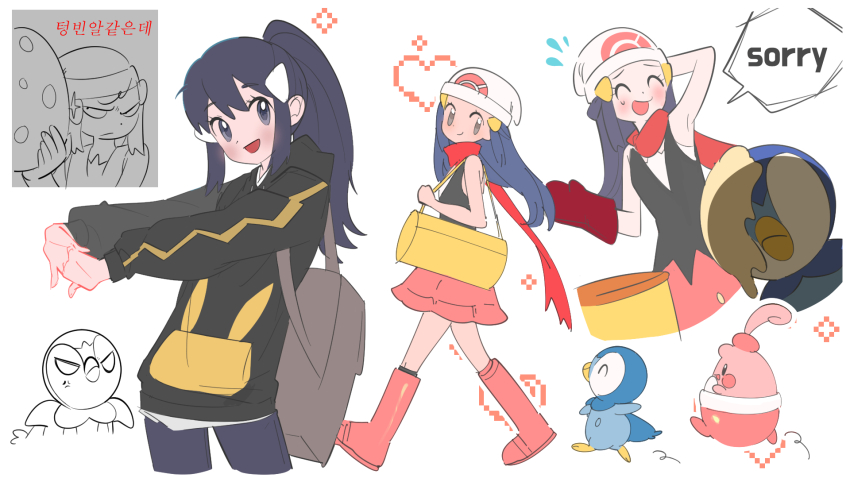 1girl ^_^ apologizing bag beanie blush boots closed_eyes commentary_request dawn_(pokemon) duffel_bag egg eyelashes flat_color flying_sweatdrops game_freak gen_4_pokemon happiny hat heart highres holding holding_egg hood hood_down hoodie interlocked_fingers korean_commentary nintendo open_mouth own_hands_together pants partially_colored pink_boots pink_skirt piplup pokemon pokemon_(creature) pokemon_bdsp red_scarf scarf shirt skirt sleeveless sleeveless_shirt smile socks speech_bubble stretching sweatdrop vpfjfevol white_background white_hat yellow_bag