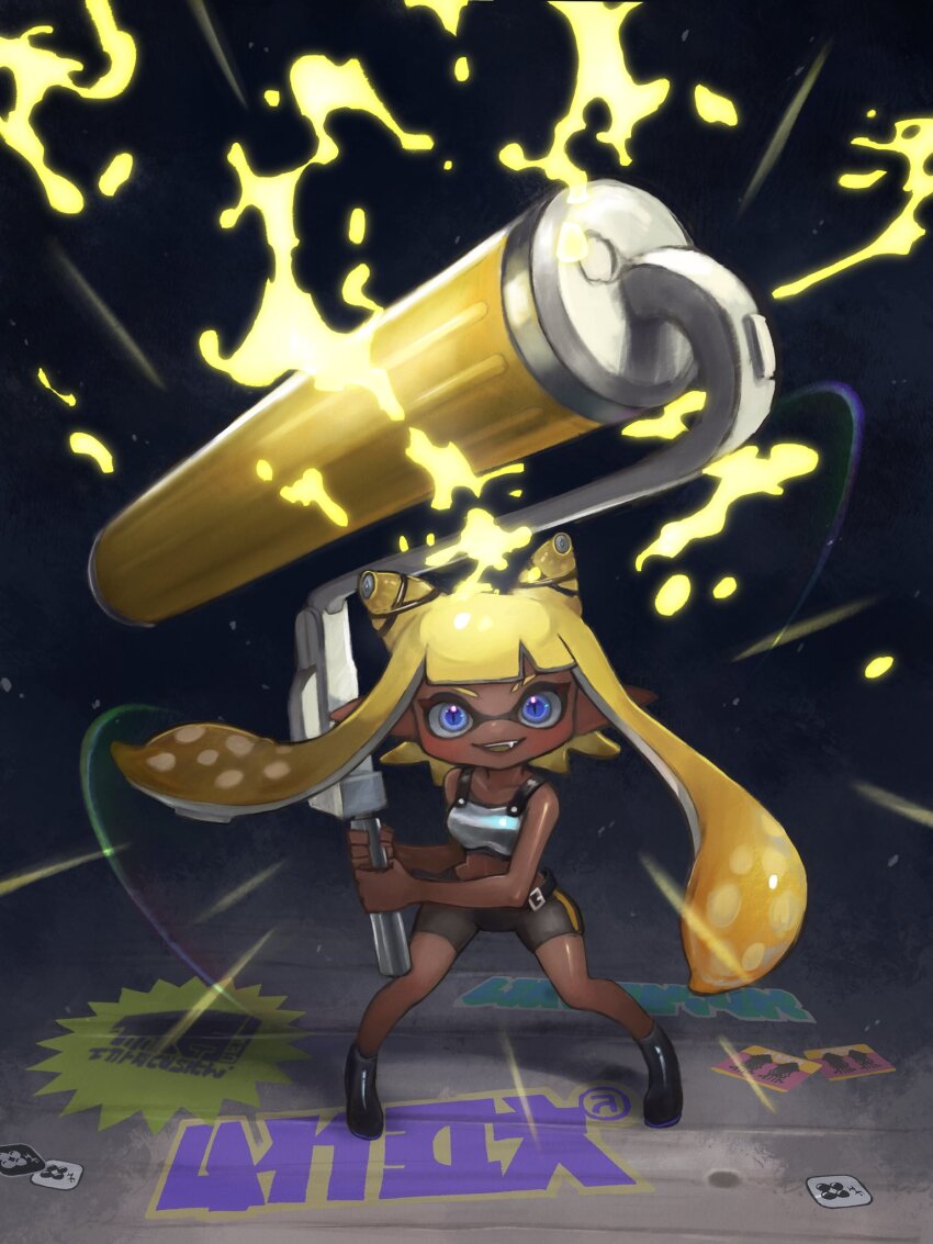 bike_shorts black_shorts blue_eyes commentary_request dark-skinned_female dark_skin hair_horns hair_ornament highres holding holding_weapon inkling inkling_girl inkling_player_character knees_together_feet_apart long_hair looking_at_viewer nintendo oekakirisuke open_mouth pointy_ears shorts smile splat_roller_(splatoon) splatoon_(series) splatoon_3 standing tentacle_hair weapon x_hair_ornament
