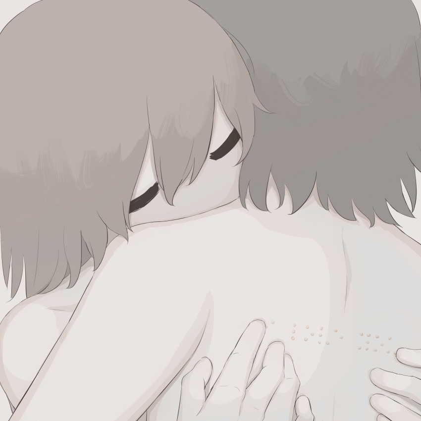 1boy 1girl absurdres avogado6 braille closed_eyes colored_skin from_behind head_on_another&#039;s_shoulder highres hug long_hair muted_color no_mouth no_nose nude original reading short_hair simple_background white_skin