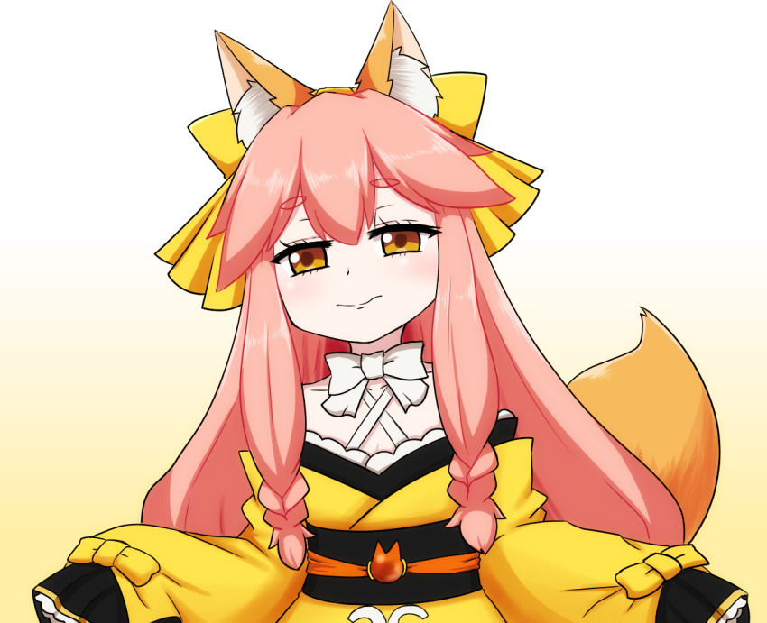 1girl animal_ear_fluff animal_ears blush brown_eyes fate/samurai_remnant fate_(series) fox_ears fox_tail gradient_background hair_ribbon japanese_clothes keita_naruzawa kimono long_hair looking_at_viewer pink_hair ribbon solo tail tamamo_(fate) tamamo_aria_(fate) upper_body wide_sleeves yellow_kimono yellow_ribbon