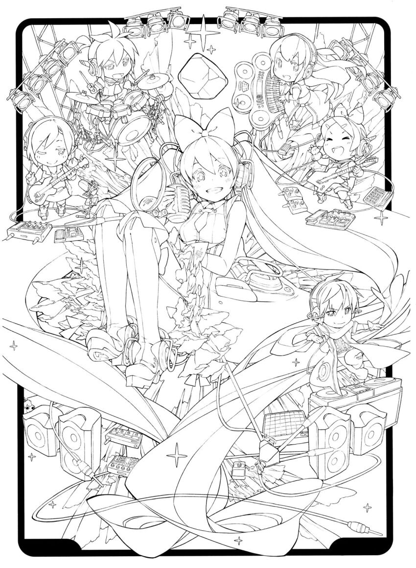 2boys 4girls absurdly_long_hair bass_guitar boots bow cymbals dress drum drum_set frilled_dress frills full_body greyscale grin guitar hair_bow hatsune_miku highres holding holding_microphone instrument kagamine_len kagamine_rin kaito_(vocaloid) knee_boots knees_up lineart long_hair magical_mirai_(vocaloid) magical_mirai_kaito magical_mirai_kaito_(2016) magical_mirai_len magical_mirai_len_(2016) magical_mirai_luka magical_mirai_luka_(2016) magical_mirai_meiko magical_mirai_meiko_(2016) magical_mirai_miku magical_mirai_miku_(2016) magical_mirai_rin magical_mirai_rin_(2016) megurine_luka meiko_(vocaloid) microphone monochrome multiple_boys multiple_girls music official_art playing_instrument short_hair sleeveless sleeveless_dress smile speaker third-party_source truss twintails very_long_hair vocaloid