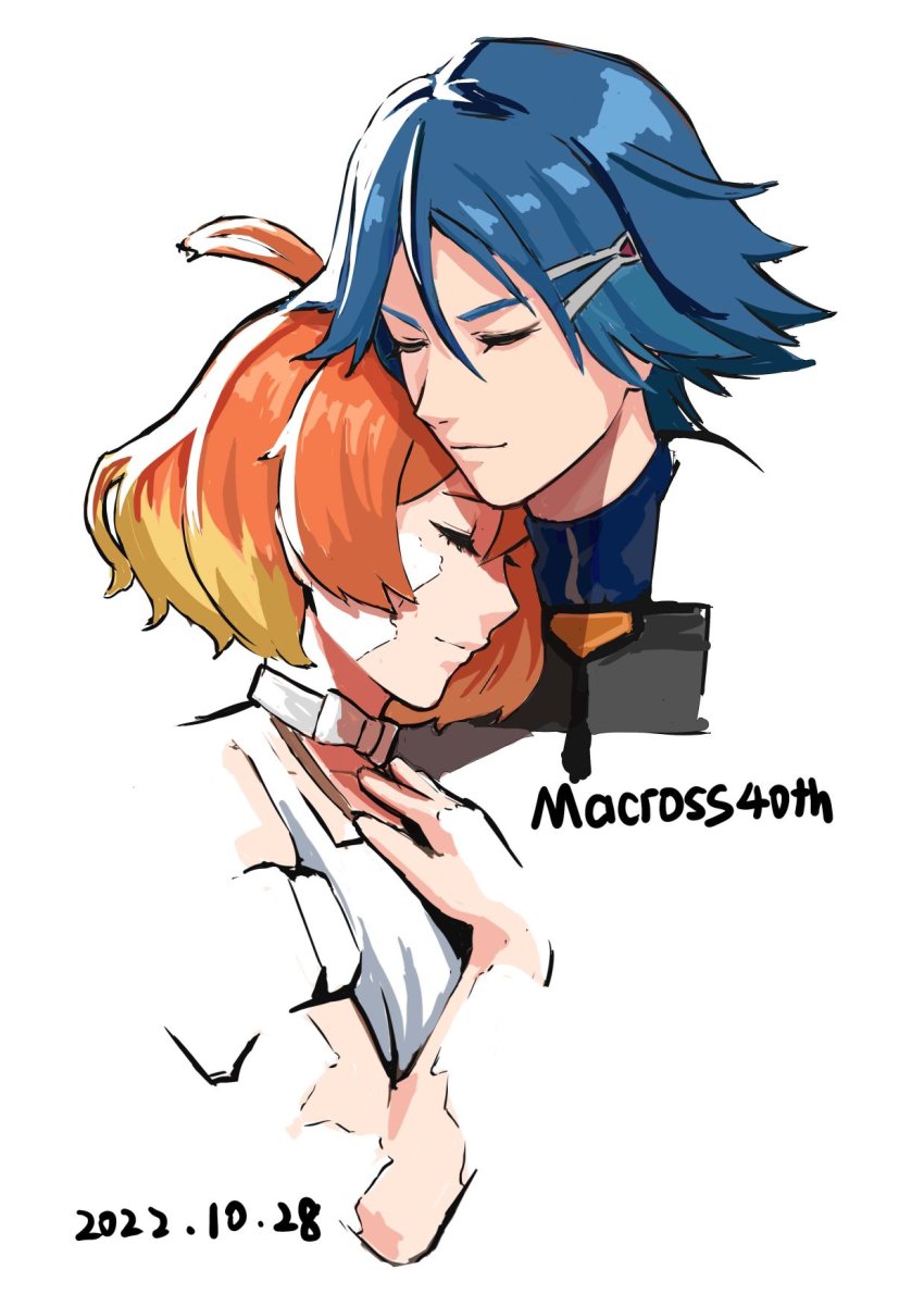 1boy 1girl anniversary blending blonde_hair blue_hair choker closed_eyes collarbone colored_tips copyright_name dated dress freyja_wion hair_between_eyes hair_ornament hairclip hand_on_own_chest hayate_immelmann hetero highres leaning_on_person light_smile macross macross_delta macross_delta:_zettai_live!!!!!! multicolored_hair nekkikamille orange_hair simple_background white_background white_choker white_dress