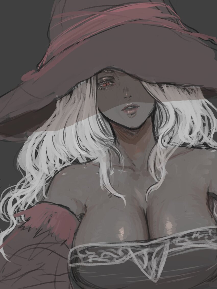 1girl black_dress black_skin breasts cleavage colored_eyelashes colored_skin dress elden_ring elden_ring_nightreign hat highres large_breasts large_hat long_hair one_eye_covered open_mouth recluse_(elden_ring) red_eyes solo upper_body white_eyelashes white_hair witch witch_hat yamanobori