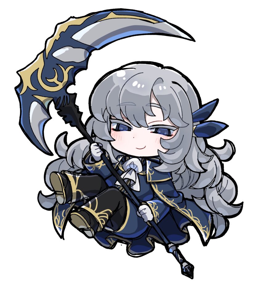 1boy argalia_(project_moon) ascot black_pants black_shoes blue_cape blue_jacket blush cape chibi closed_mouth gloves gold_trim highres holding holding_scythe jacket legs_up library_of_ruina long_hair looking_at_viewer pants project_moon scythe shoes sidelocks simple_background smile solo very_long_hair white_ascot white_background white_gloves white_hair yagidon