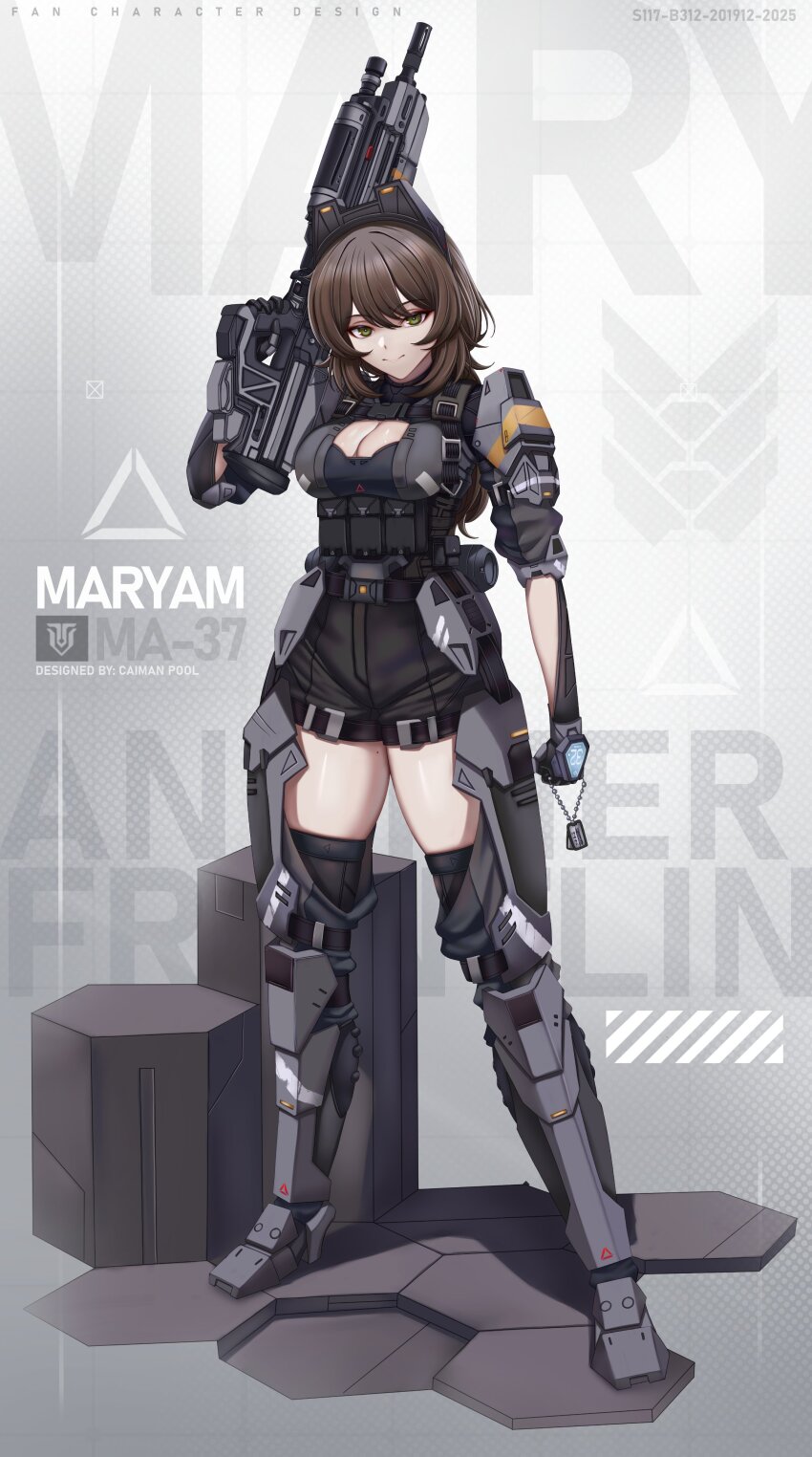 1girl absurdres armor artist_name assault_rifle black_shorts breasts brown_hair bullpup caiman_pool cleavage closed_mouth commentary dated dog_tags english_commentary english_text full_body green_eyes gun halo_(series) highres holding holding_dog_tags holding_gun holding_weapon leg_armor long_hair looking_at_viewer mole mole_on_thigh original personification rifle short_shorts shorts shoulder_armor smile solo standing trigger_discipline weapon weapon_name