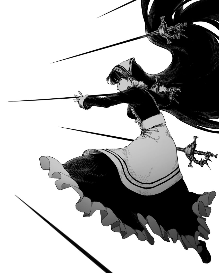 1girl apron attack breasts center_frills charging_forward commentary covered_mouth dress english_commentary floating floating_hair floating_object floating_sword floating_weapon frilled_dress frills from_side full_body greyscale headdress highres holding holding_sword holding_weapon lace-trimmed_headwear lace_trim long_hair long_sleeves looking_ahead making-of_available mary_janes medium_breasts monochrome multiple_swords original outstretched_arms profile rapier shoes simple_background solo standing standing_on_one_leg sword very_long_hair waist_apron weapon zero808w