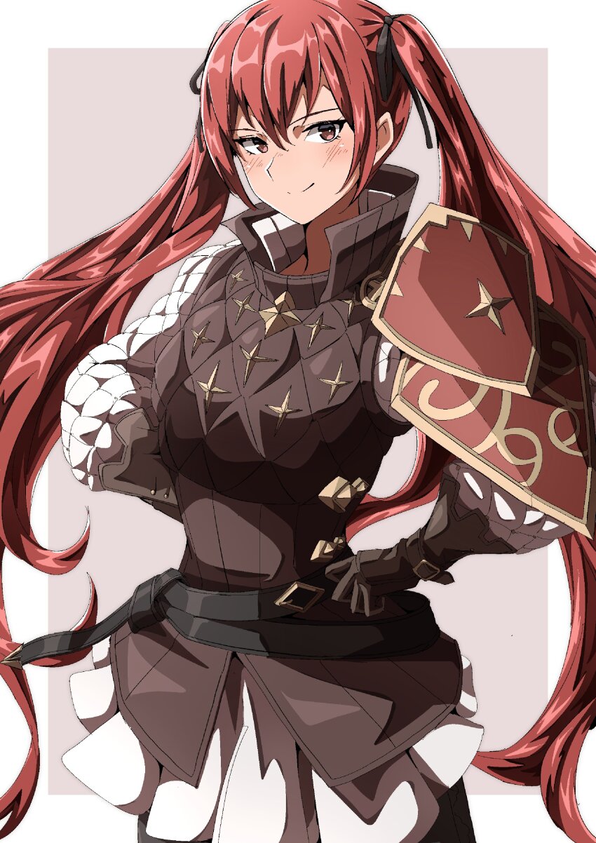 1girl absurdres armor belt black_belt black_ribbon blush border closed_mouth fire_emblem fire_emblem_fates gloves grey_background hair_between_eyes hair_ribbon highres long_hair looking_at_viewer multiple_belts nintendo outside_border pauldrons red_eyes red_hair ribbon selena_(fire_emblem_fates) shoulder_armor simple_background single_pauldron smile solo to_(tototo_tk) twintails very_long_hair white_border